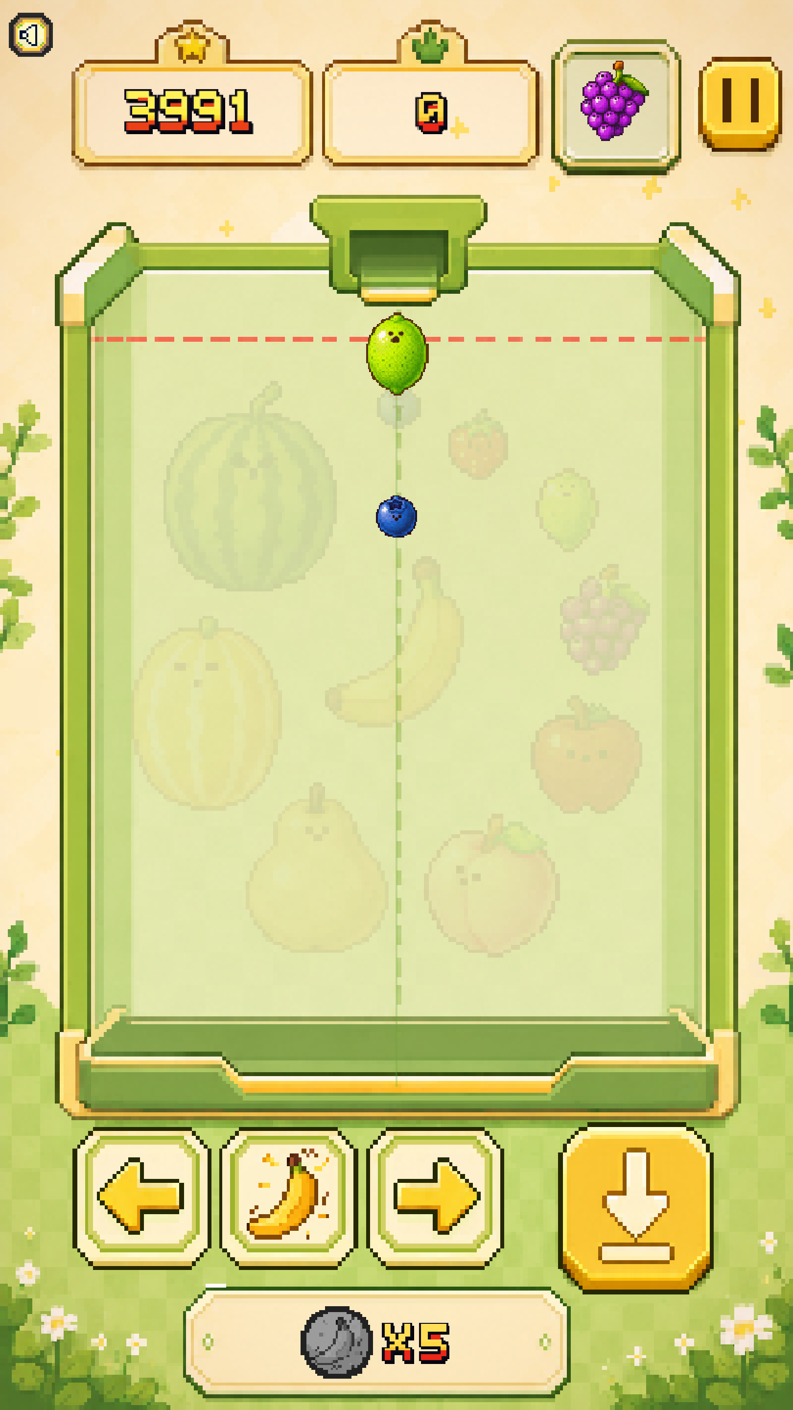 An early Banana Game board showing the score, timer, next fruit, red deadline, movement controls, shake token button, and fast-drop button